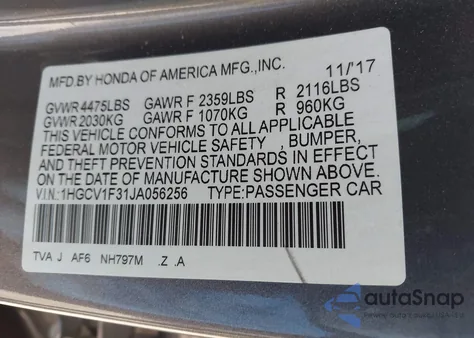 2018 Honda Accord Sport z USA, uszkodzony, nr VIN 1HGCV1F31JA056256